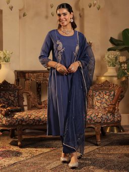 Indo Era - Women Navy Blue Embroidered Straight Kurta with Pant and Dupatta