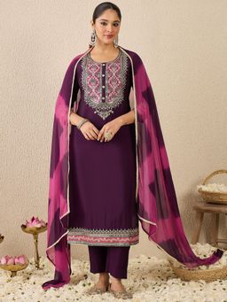 Indo Era - Women Purple Embroidered Straight Kurta with Pant and Dupatta