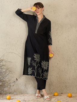 Indo Era - Women Black Floral Embroidered Straight Kurta with Pant