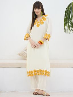Indo Era - Women White Floral Embroidered Straight Kurta with Pant