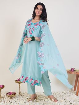 Indo Era - Women Blue Floral Embroidered Straight Kurta with Pant and Dupatta