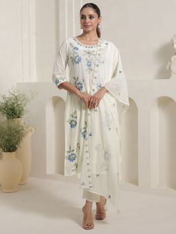 Indo Era - Women White Floral Embroidered Straight Kurta with Pant and Dupatta