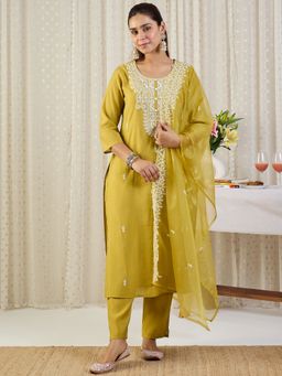 Indo Era - Women Mustard Embroidered Straight Kurta with Pant and Dupatta