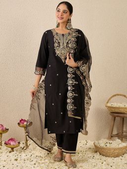 Indo Era - Women Black Embroidered Straight Kurta with Pant and Dupatta