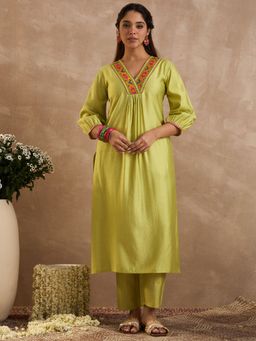 Indo Era - Women Pista Green Solid Embroidered Kurta with Pant