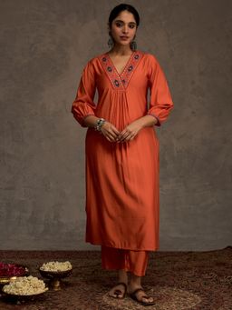 Indo Era - Women Orange Solid Embroidered Kurta with Pant