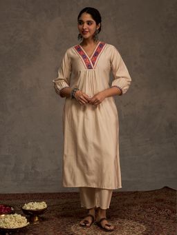 Indo Era - Women Beige Solid Embroidered Kurta with Pant