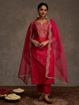 Indo Era - Women Pink Embroidered Straight Kurta with Pant and Dupatta