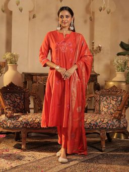 Indo Era - Women Orange Floral Embroidered Kurta with Pant and Dupatta