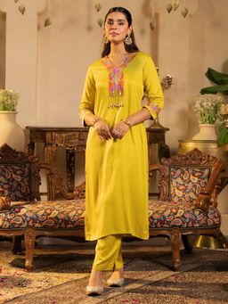 Indo Era - Women Yellow Embroidered Straight Kurta with Pant