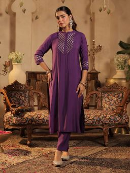 Indo Era - Women Purple Solid Sequined Straight Kurta with Pant