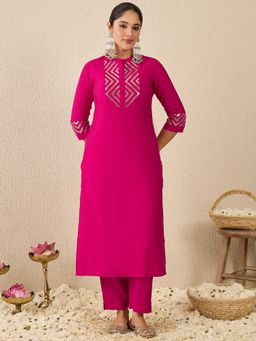 Indo Era - Women Pink Solid Sequined Straight Kurta with Pant