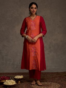 Indo Era - Women Maroon-Orange Floral Embroidered Kurta with Pant