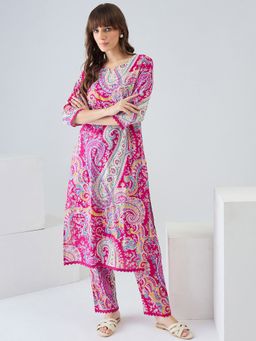 Indo Era - Women Pink Paisley Printed Straight Co-Ord Set