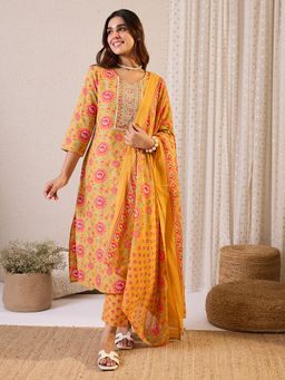 Indo Era - Women Yellow Floral Embroidered Kurta with Pant and Dupatta