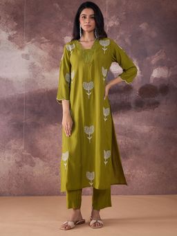 Indo Era - Women Olive Embroidered Beads Work Kurta with Pant