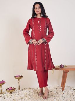 Indo Era - Women Red Chanderi Silk Embroidered Kurta with Pant