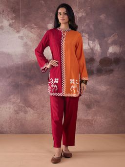 Indo Era - Women Maroon-Orange Colorblock Straight Co-Ord Set