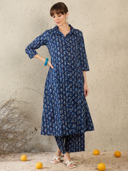 Indo Era - Women Indigo Floral Printed A-Line Co-Ord Set