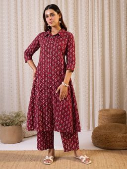Indo Era - Women Maroon Floral Printed A-Line Co-Ord Set