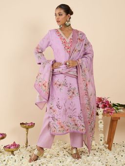 Indo Era - Women Lavender Floral Embroidered Kurta with Pant and Dupatta