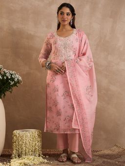 Indo Era - Women Pink Floral Embroidered Kurta with Pant and Dupatta