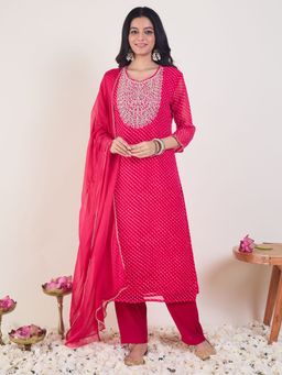 Indo Era - Women Pink Embroidered Leheriya Printed Kurta with Pant and Dupatta