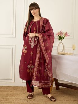 Indo Era - Women Maroon Floral Embroidered Kurta with Pant and Dupatta