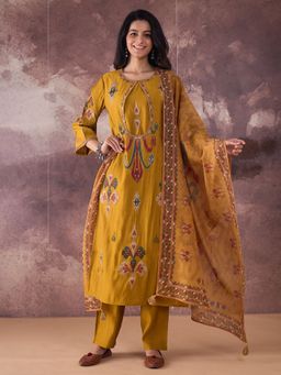 Indo Era - Women Mustard Embroidered Straight Kurta with Pant and Dupatta