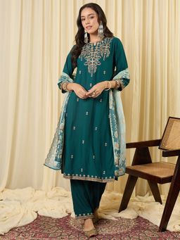Indo Era - Women Teal Floral Embroidered Straight Kurta with Pant and Dupatta