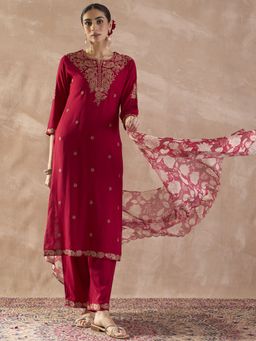 Indo Era - Women Red Floral Embroidered Straight Kurta with Pant and Dupatta