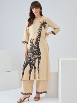 Indo Era - Women Beige Printed Straight Kurta with Palazzo