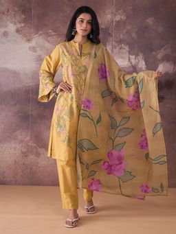 Indo Era - Women Mustard Floral Embroidered Kurta with Pant and Dupatta