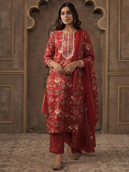 Indo Era - Women Red Floral Printed Embroidered Kurta with Pant and Dupatta