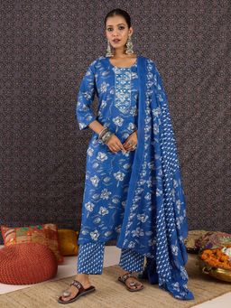Indo Era - Women Blue Floral Printed Kurta with Pant and Dupatta
