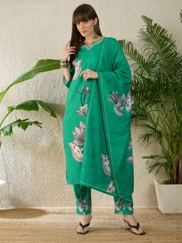 Indo Era - Women Green Floral Printed Kurta with Pant and Dupatta