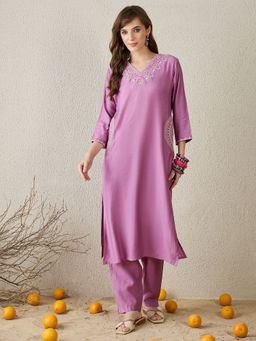 Indo Era - Women Lavender Solid Embroidered Straight Kurta with Pant