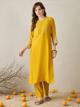 Indo Era - Women Mustard Solid Embroidered Straight Kurta with Pant