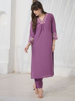 Indo Era - Women Purple Solid Embroidered Straight Kurta with Pant