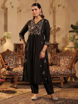 Indo Era - Women Black Floral Embroidered A-Line Kurta with Pant