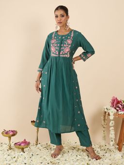 Indo Era - Women Teal Floral Embroidered A-Line Kurta with Pant