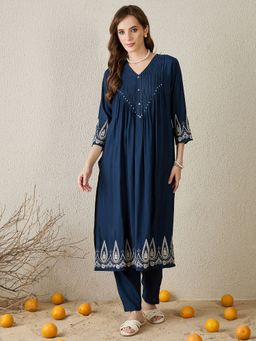 Indo Era - Women Navy Blue Embroidered A-Line Kurta with Pant