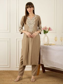 Indo Era - Women Beige Embroidered Straight Kurta with Pant
