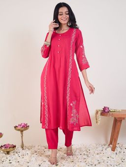 Indo Era - Women Pink Floral Embroidered Straight Kurta with Pant