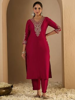 Indo Era - Women Maroon Embroidered Straight Kurta with Pant