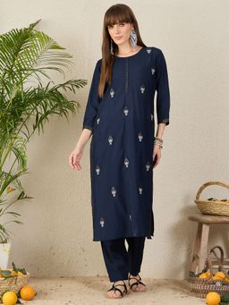 Indo Era - Women Navy Blue Embroidered Straight Kurta with Pant