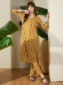 Indo Era - Women Mustard Polka Dot Printed A-Line Co-Ord Set