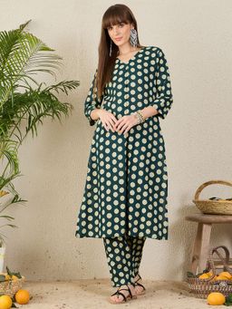 Indo Era - Women Teal Polka Dot Printed A-Line Co-Ord Set