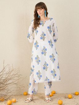 Indo Era - Women White Floral Printed Straight Co-Ord Set