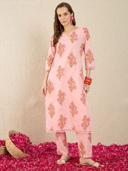 Indo Era - Women Pink Floral Printed Straight Co-Ord Set